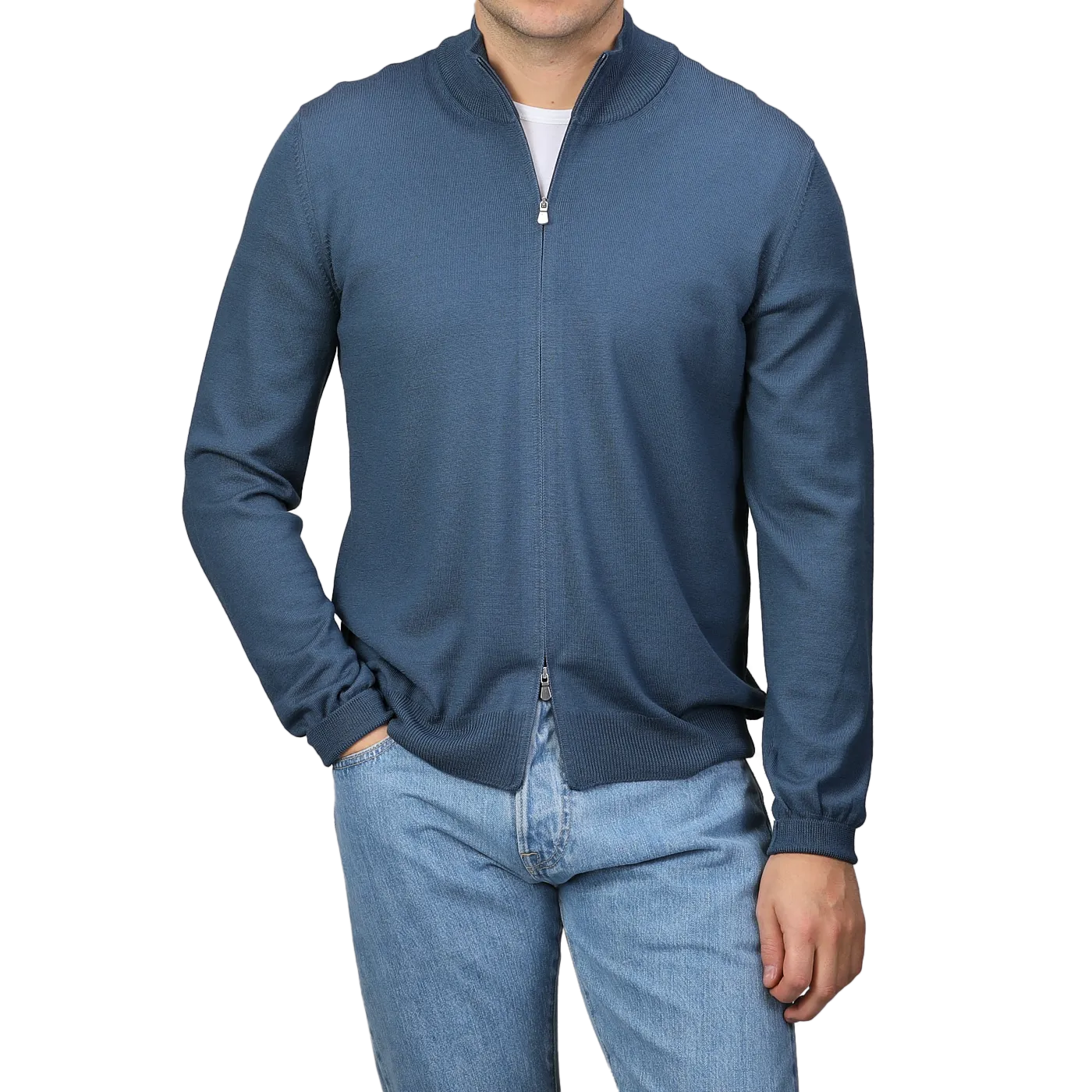 Airforce Blue Extrafine Merino Wool Zip Cardigan