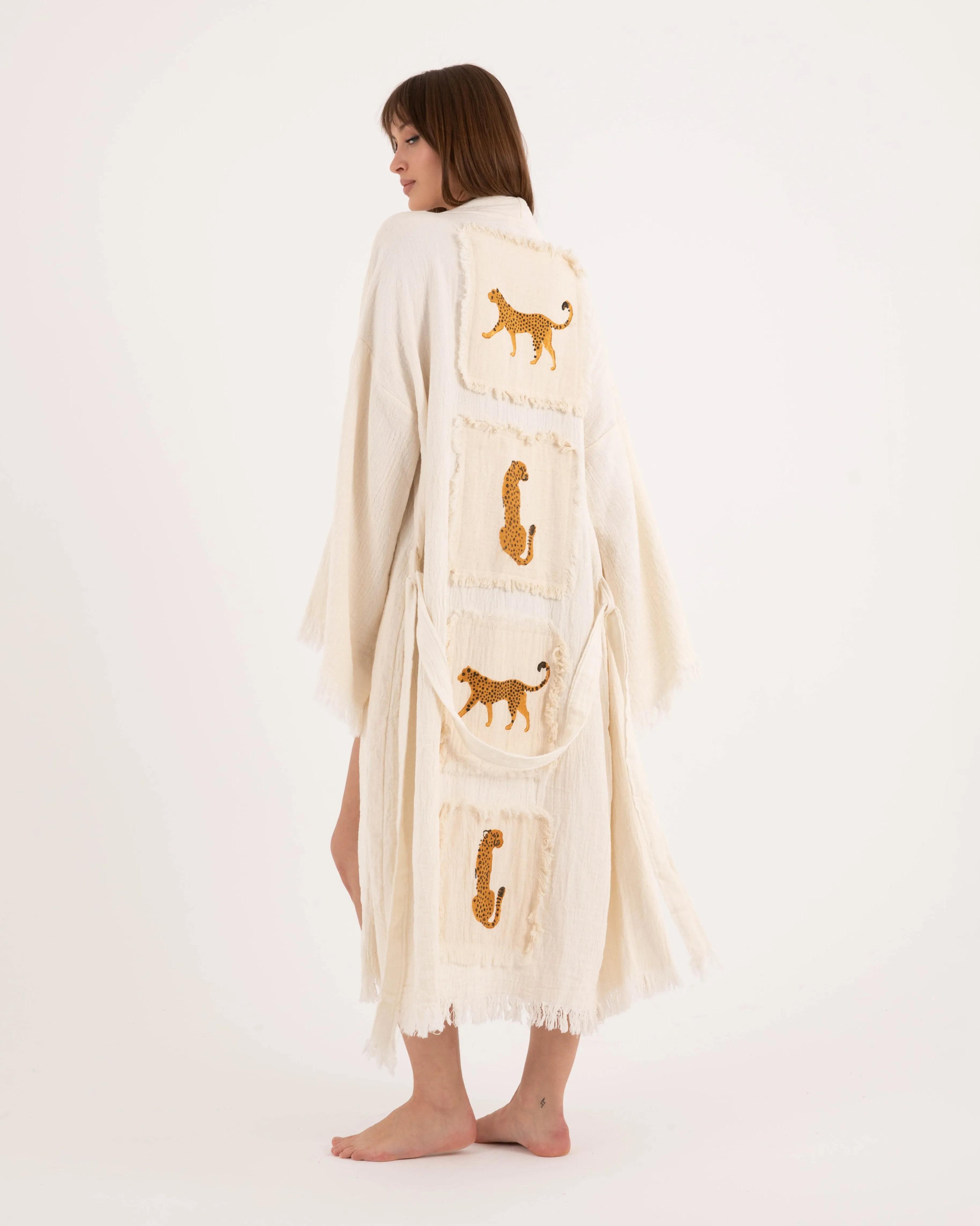 Back Printed Brown Leopard White Kimono