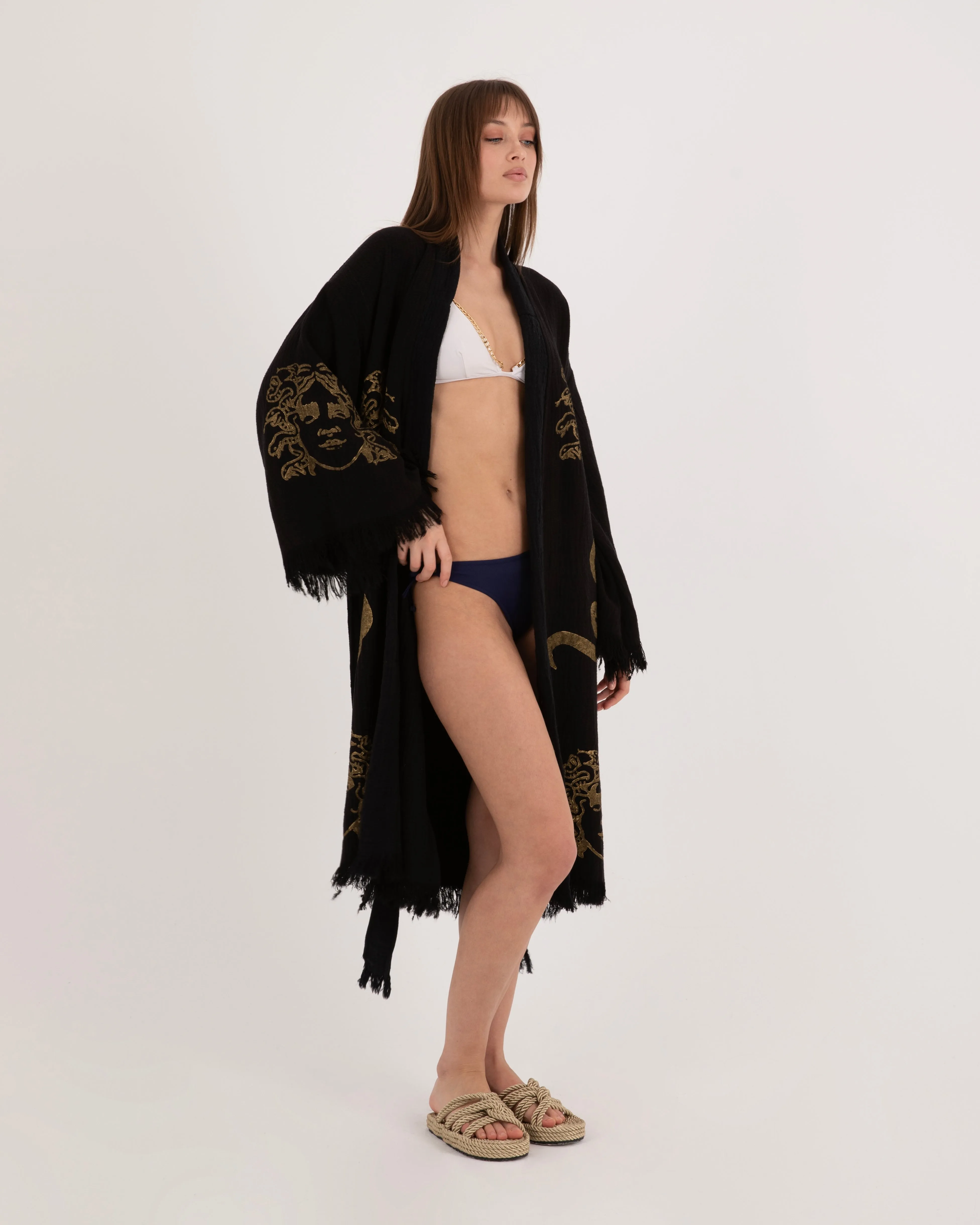Black Kimono With Gold Snake Embroidery Robe