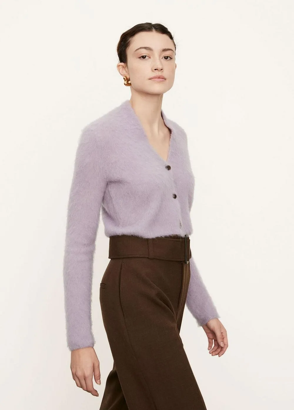 Brushed Shrunken Cardigan in White Lilac