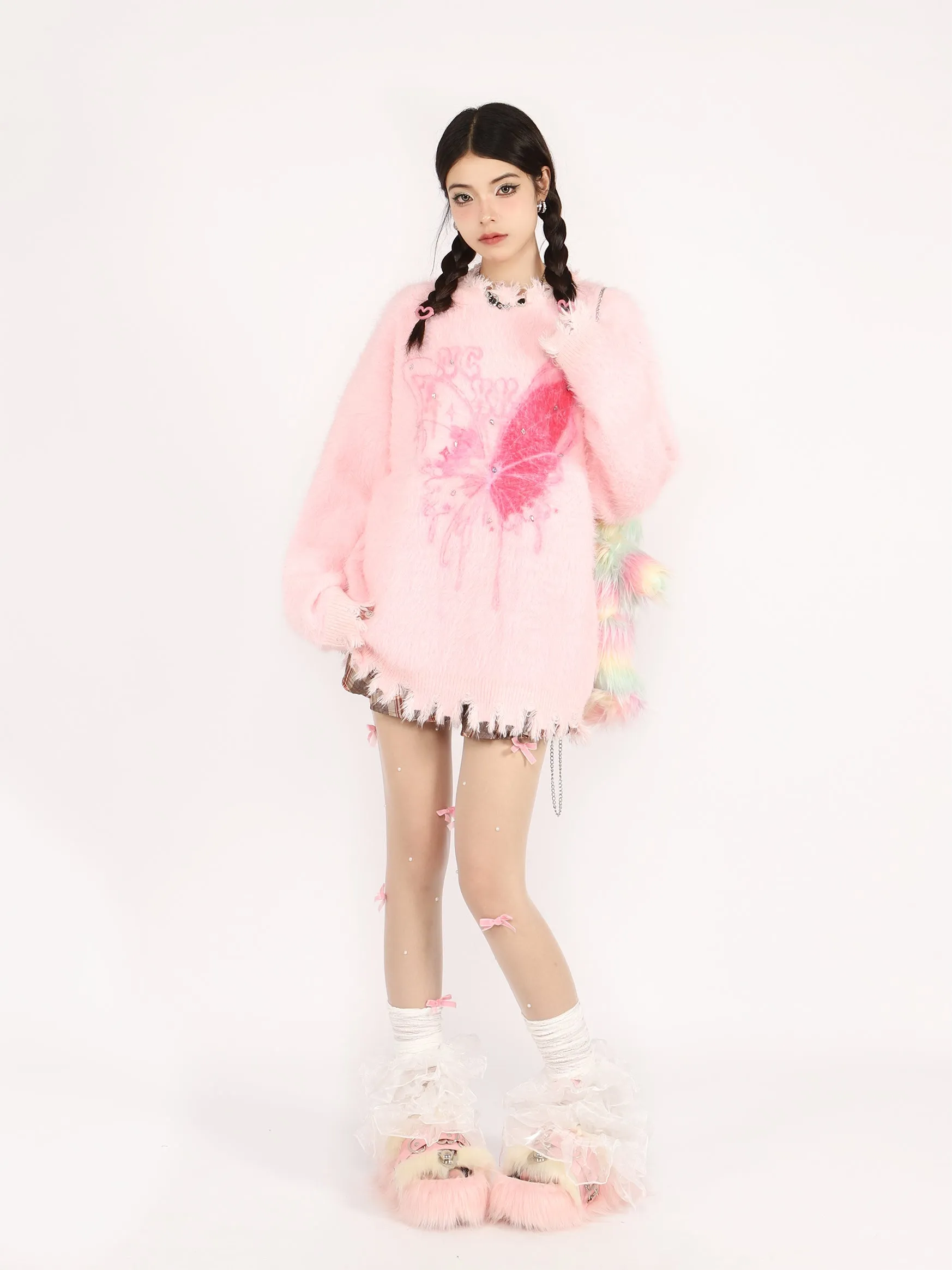 Butterfly Print Diamond Pullover Knitted Pink White Oversize Sweater
