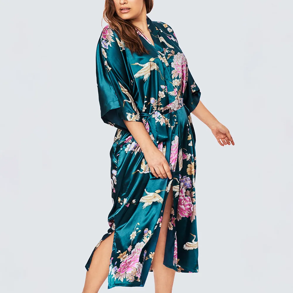 Chrysanthemum & Crane Long Kimono Robe (Plus Size)