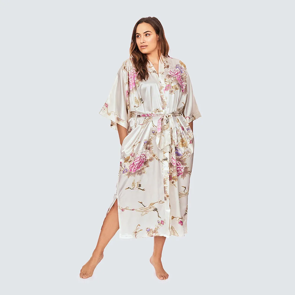 Chrysanthemum & Crane Long Kimono Robe (Plus Size)