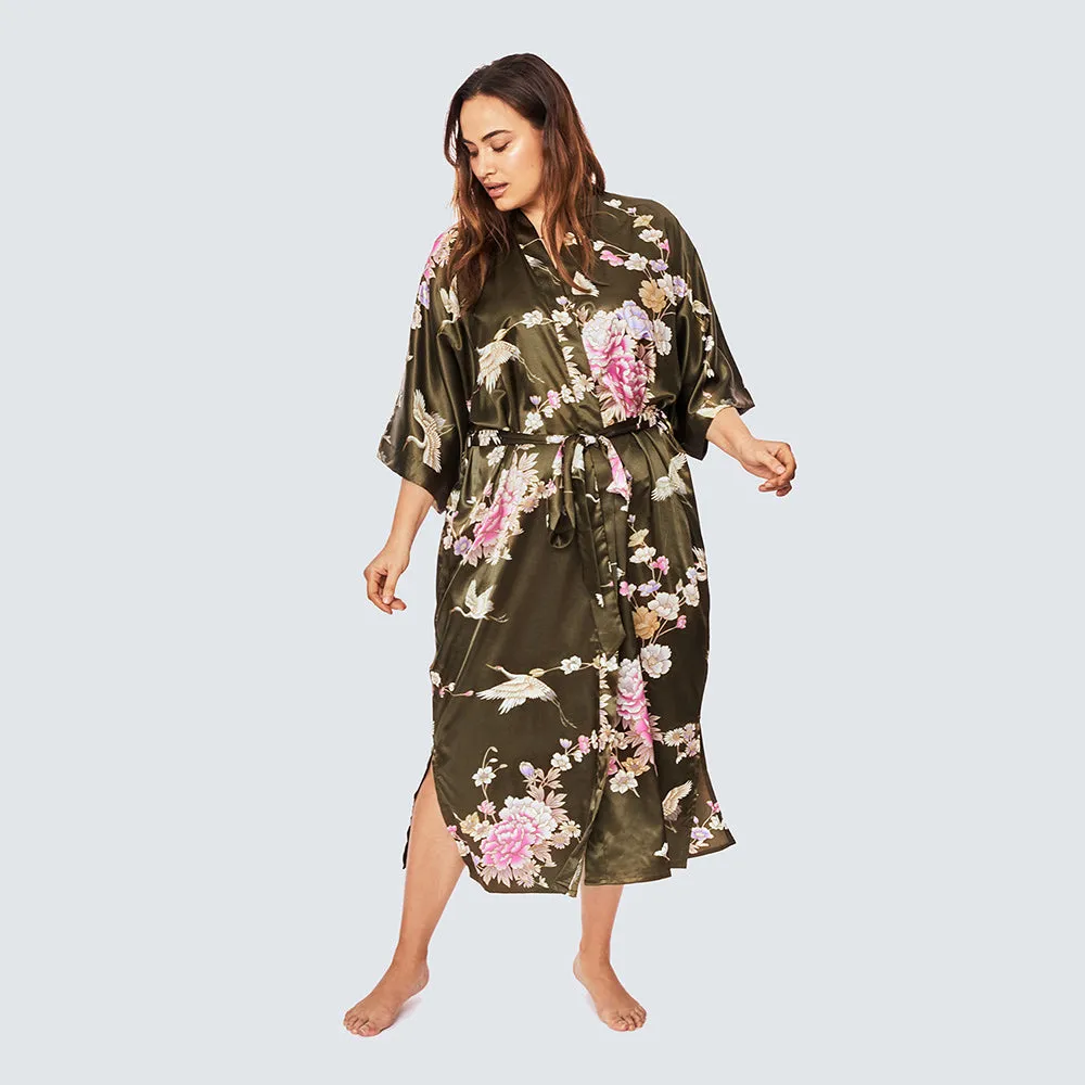 Chrysanthemum & Crane Long Kimono Robe (Plus Size)