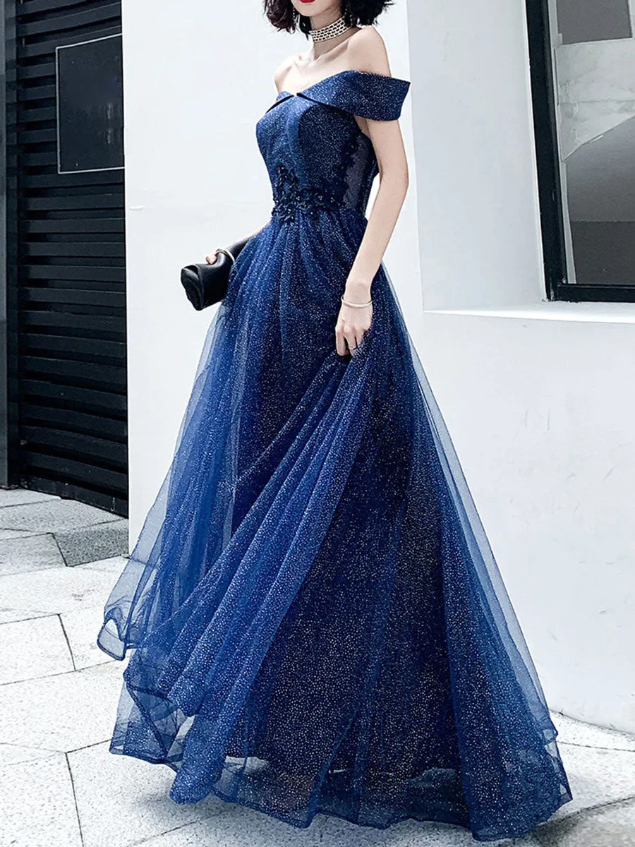 Dark Blue Tulle Long Prom Dress, A-Line Tulle Off Shoulder Blue Wedding Party Dresses