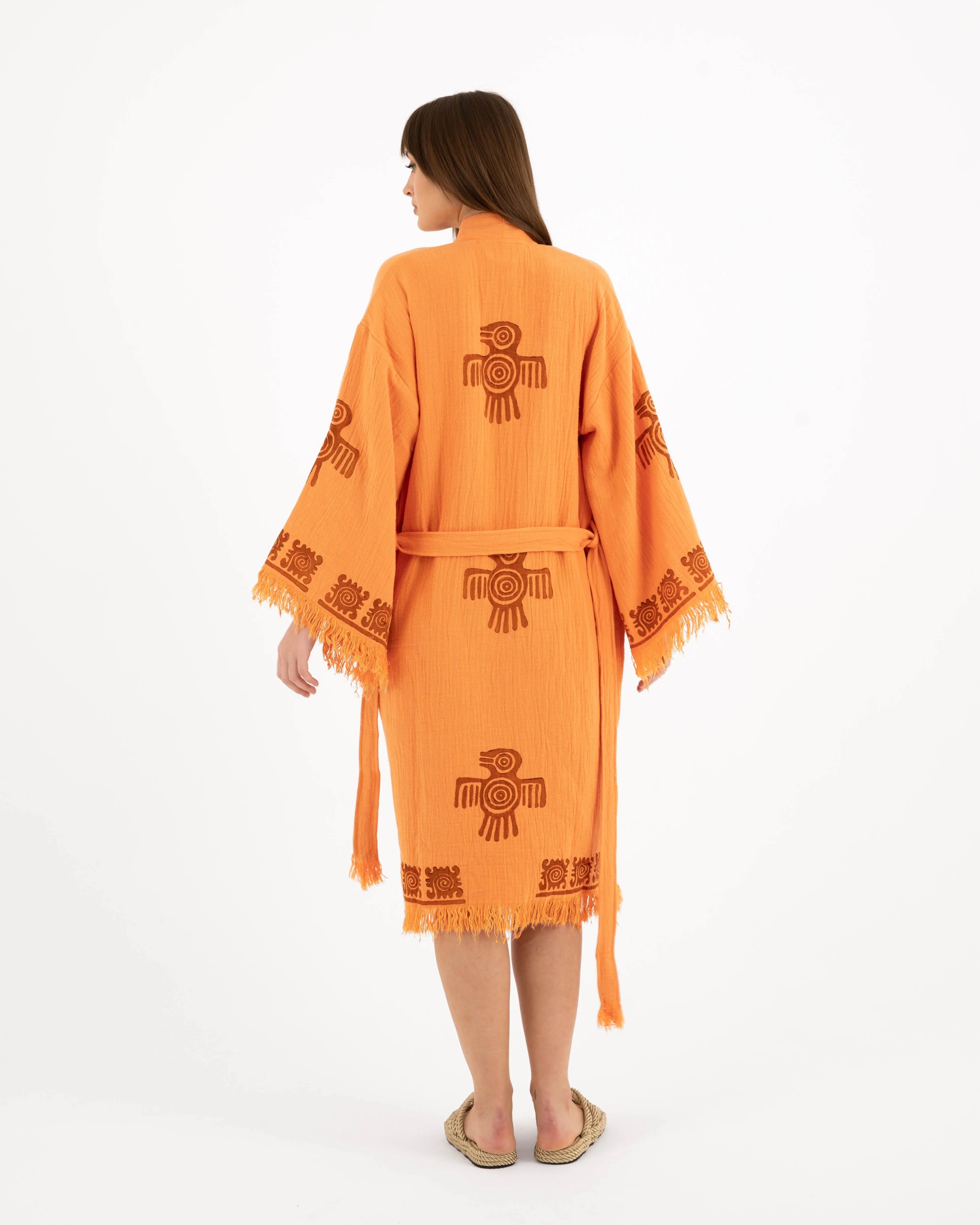 Ethnic Bird Detailed Orange Kimono Robe