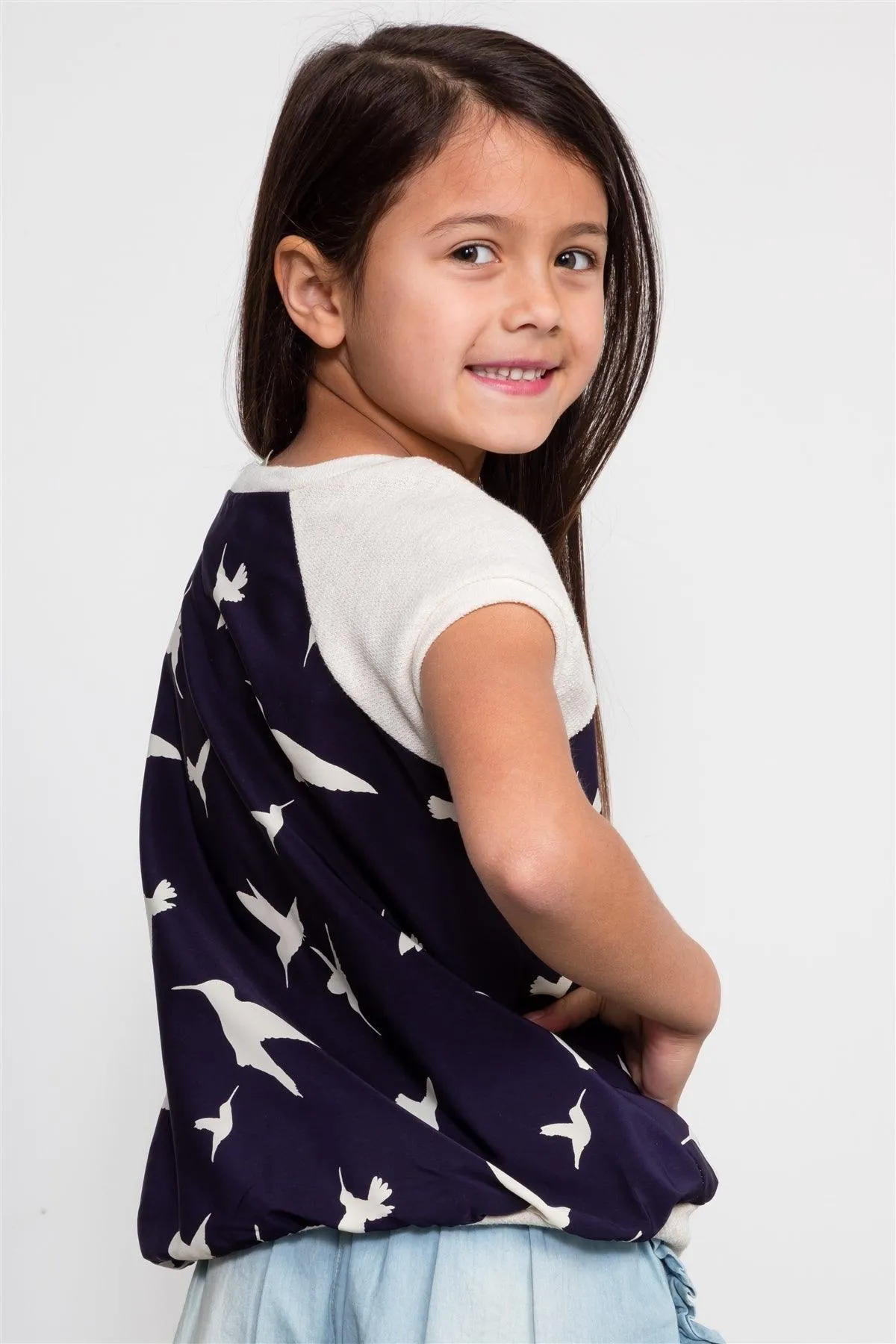 Girls Navy And Ivory Bird Print Top / 1-2-2-1