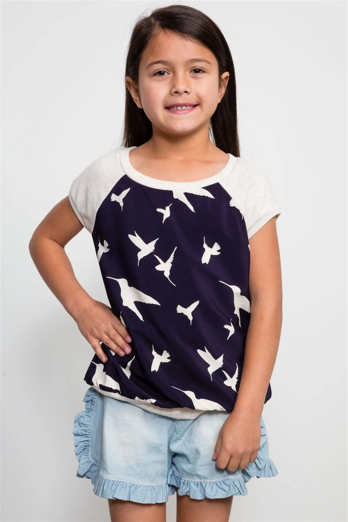 Girls Navy And Ivory Bird Print Top / 1-2-2-1