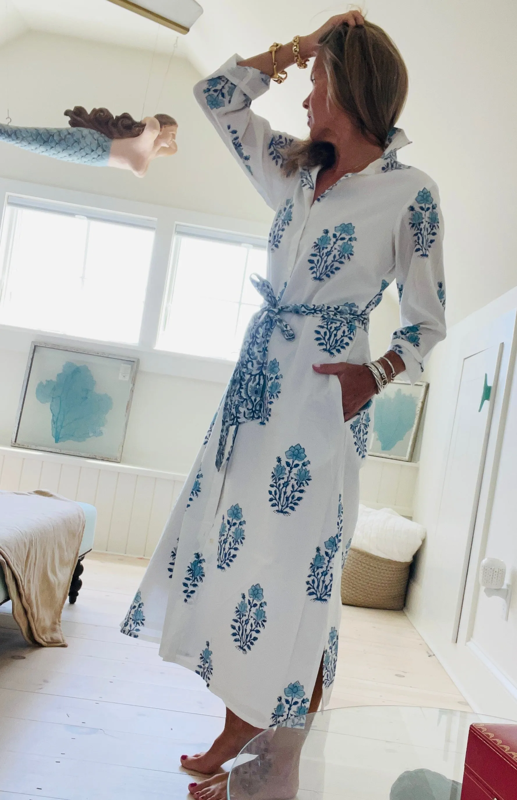 Hand Block Shirtdress in Sea Vines