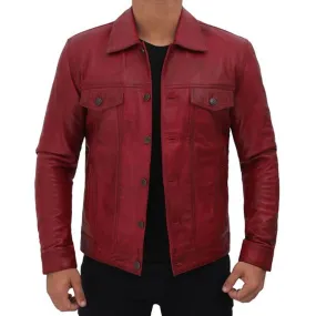 Maroon Trucker Leather Jacket Mens