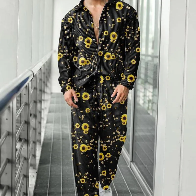 Men's Long-sleeved Lapel Printed Shirt Loose Sportswear Suits 47450539YY