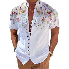 Men's Stand Collar Floral Printed Short Sleeve Shirt 49794334YY