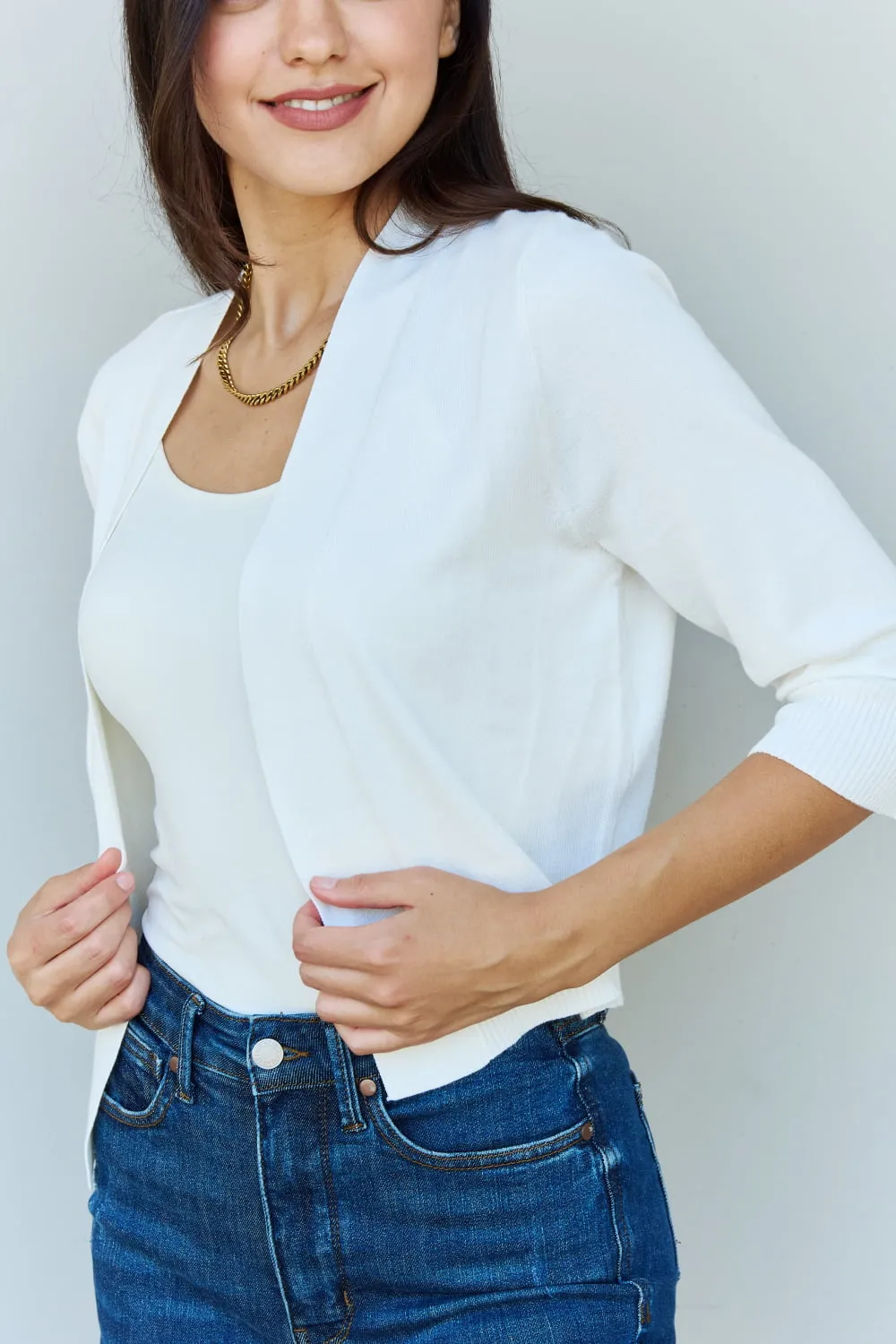 Ninexis My Favorite Full Size 3/4 Sleeve Cropped Cardigan in Ivory