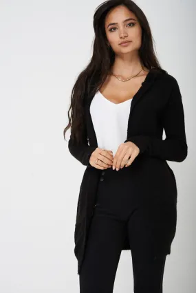 Open Front Hooded Cardigan in Black
