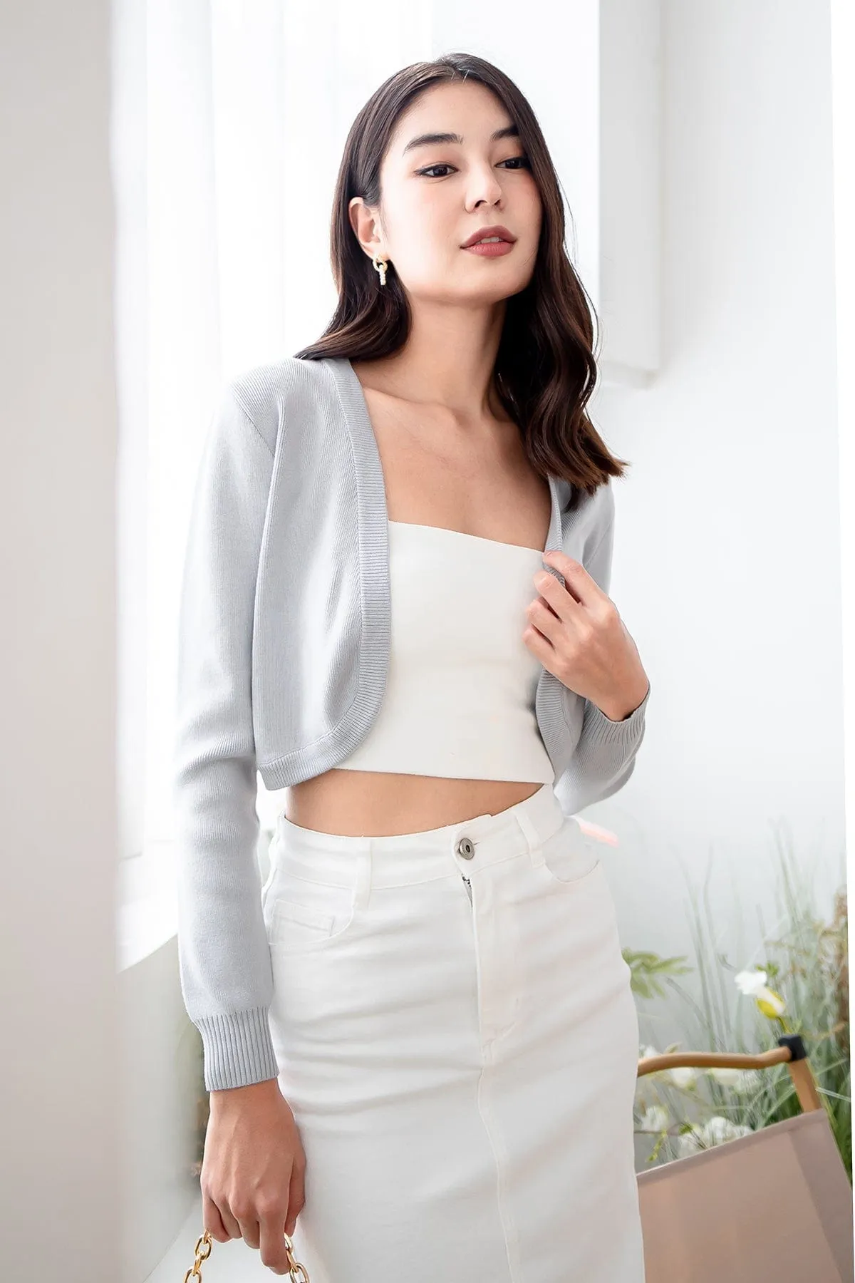 SIDNEY CROPPED CARDIGAN IN GREY BLUE