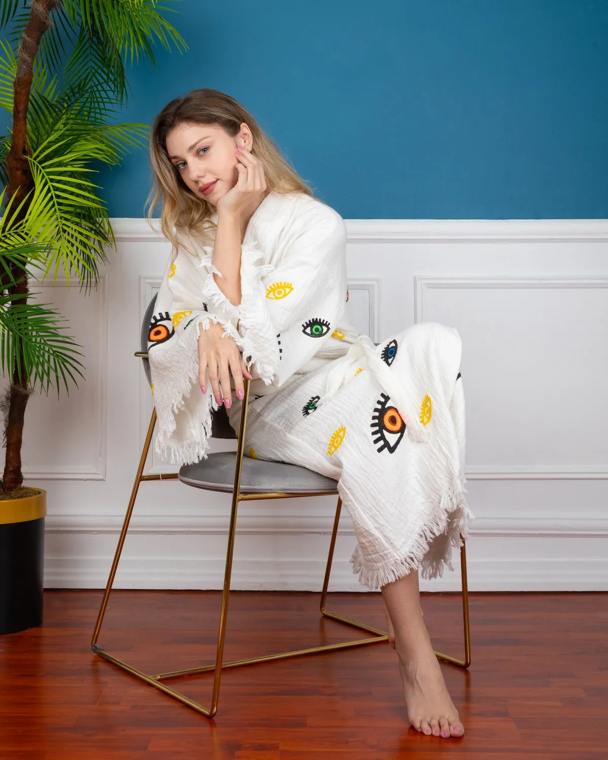 White Multi Evil Eye Kimono Robe