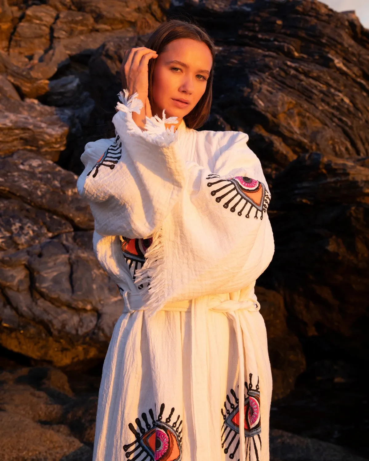 White - Orange Evil Eye Kimono Robe