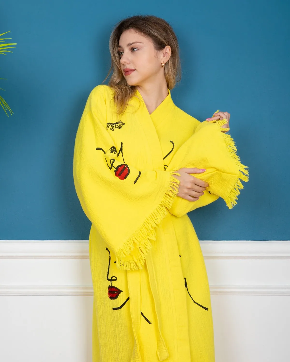 Yellow Women Face Kimono Robe